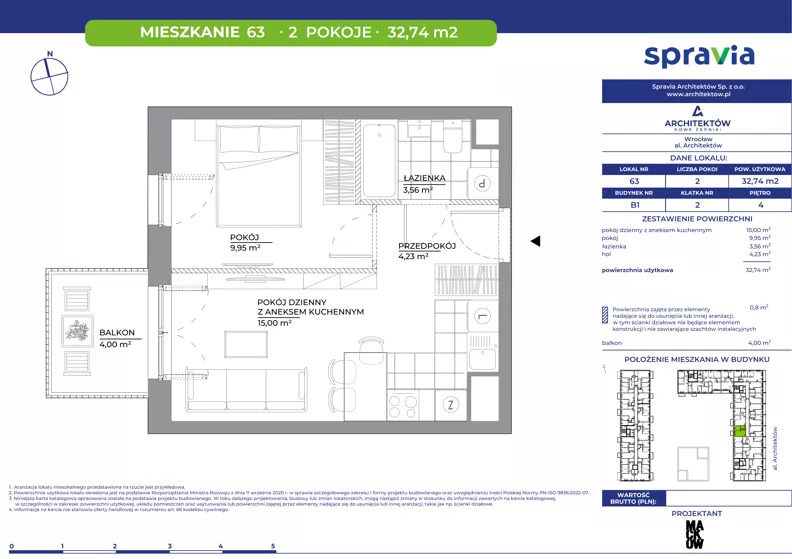 2 pokoje, mieszkanie 32,74 m², piętro 4, oferta nr B1/63, Architektów, Wrocław, Al. Architektów 22-30