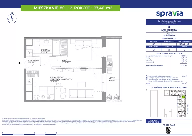2 pokoje, mieszkanie 37,46 m², piętro 6, oferta nr B1/80, Architektów, Wrocław, Al. Architektów 22-30