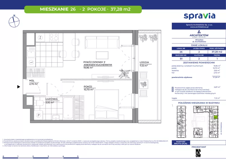 2 pokoje, mieszkanie 37,28 m², piętro 1, oferta nr B1/26, Architektów, Wrocław, Al. Architektów 22-30