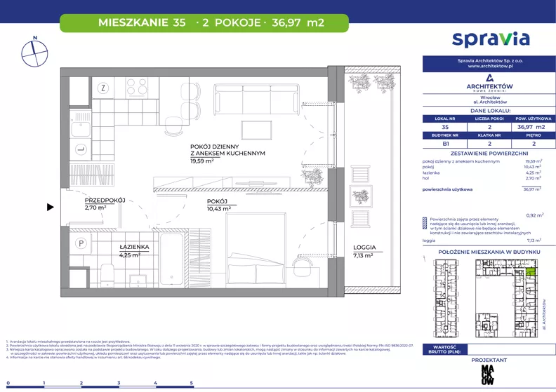 2 pokoje, mieszkanie 36,97 m², piętro 2, oferta nr B1/35, Architektów, Wrocław, Al. Architektów 22-30