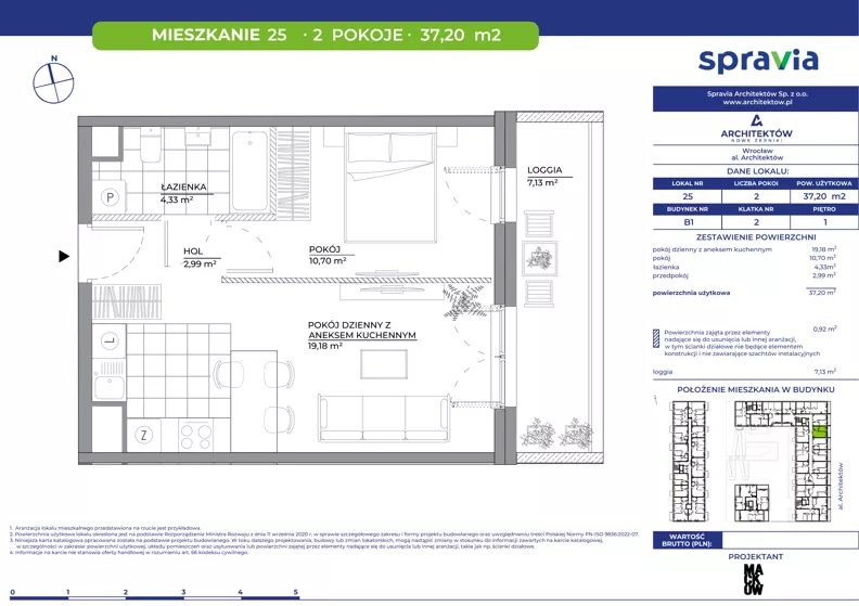 2 pokoje, mieszkanie 37,20 m², piętro 1, oferta nr B1/25, Architektów, Wrocław, Al. Architektów 22-30