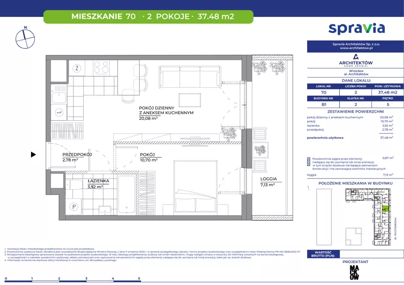 2 pokoje, mieszkanie 37,48 m², piętro 5, oferta nr B1/70, Architektów, Wrocław, Al. Architektów 22-30