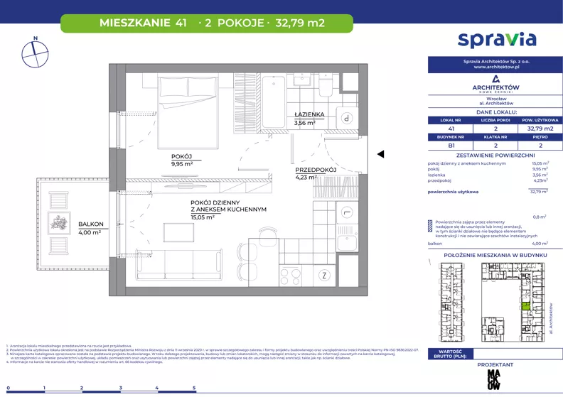 2 pokoje, mieszkanie 32,79 m², piętro 2, oferta nr B1/41, Architektów, Wrocław, Al. Architektów 22-30