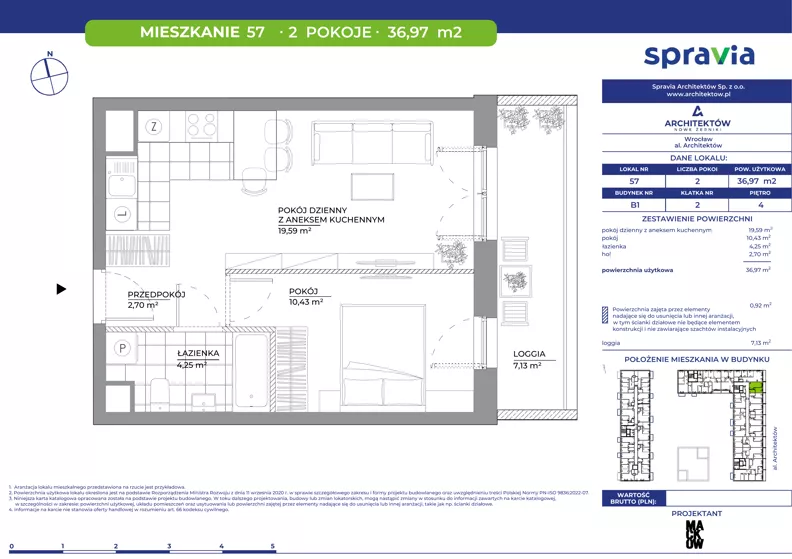 2 pokoje, mieszkanie 36,97 m², piętro 4, oferta nr B1/57, Architektów, Wrocław, Al. Architektów 22-30