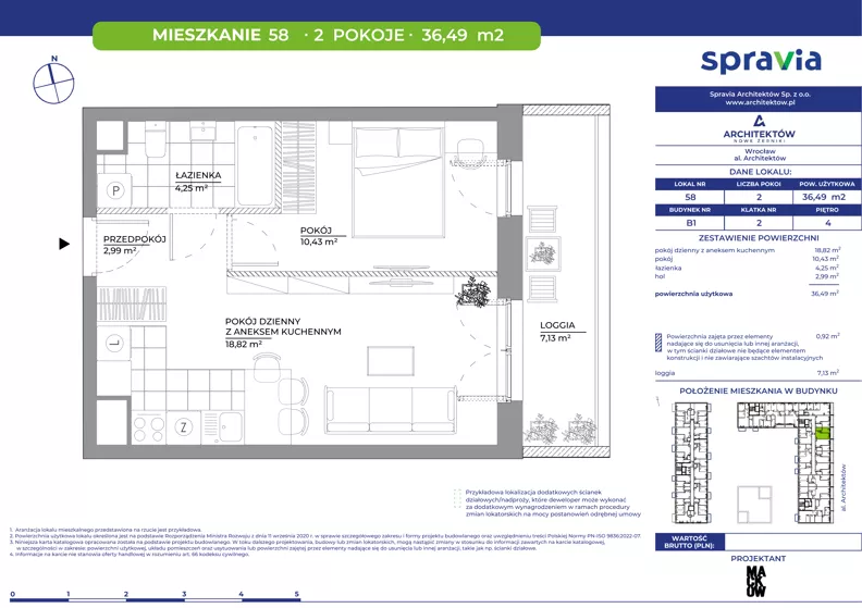 2 pokoje, mieszkanie 36,49 m², piętro 4, oferta nr B1/58, Architektów, Wrocław, Al. Architektów 22-30