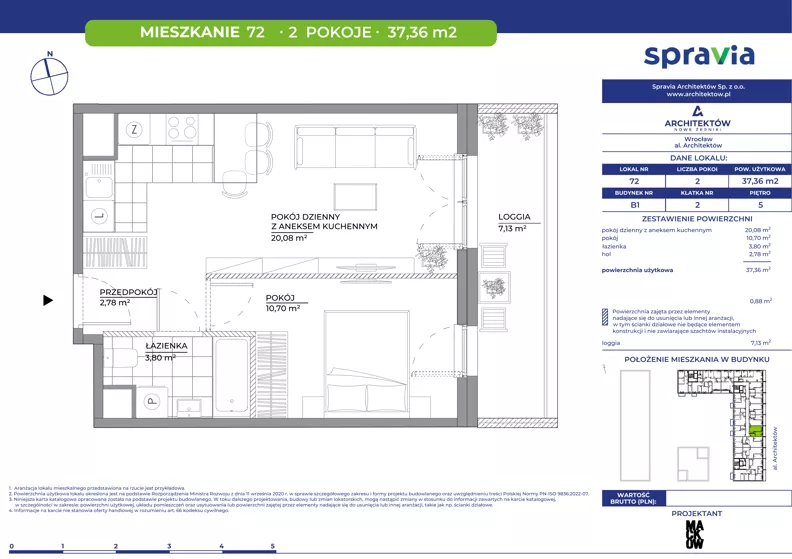2 pokoje, mieszkanie 37,36 m², piętro 5, oferta nr B1/72, Architektów, Wrocław, Al. Architektów 22-30