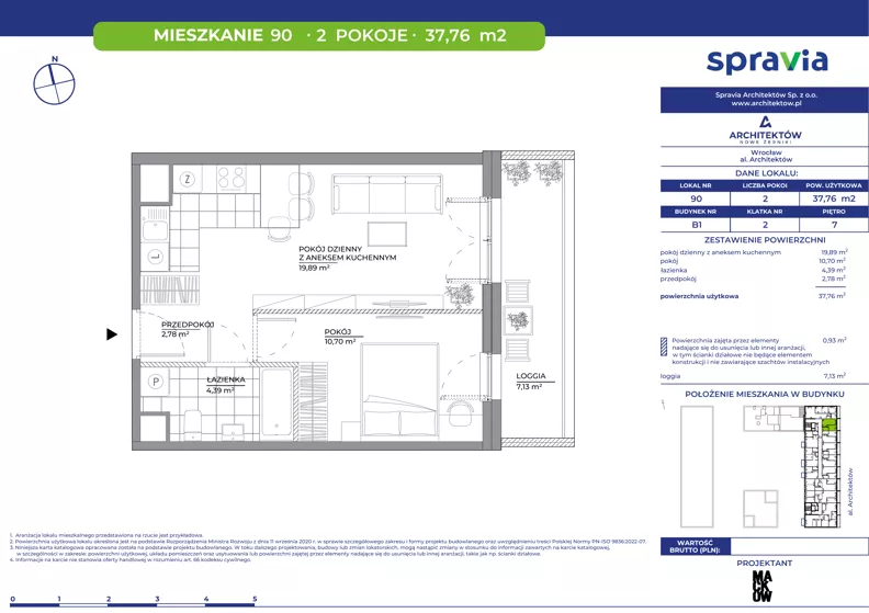 2 pokoje, mieszkanie 37,76 m², piętro 7, oferta nr B1/90, Architektów, Wrocław, Al. Architektów 22-30