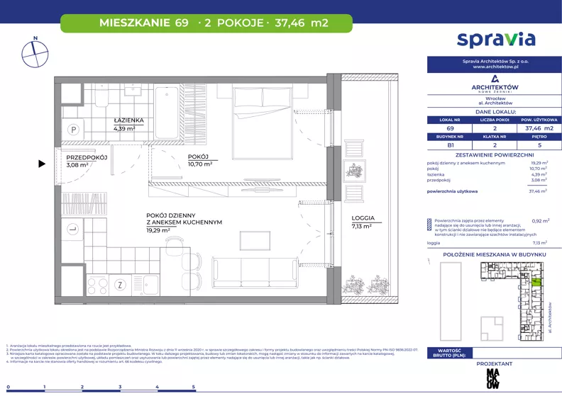 2 pokoje, mieszkanie 37,46 m², piętro 5, oferta nr B1/69, Architektów, Wrocław, Al. Architektów 22-30