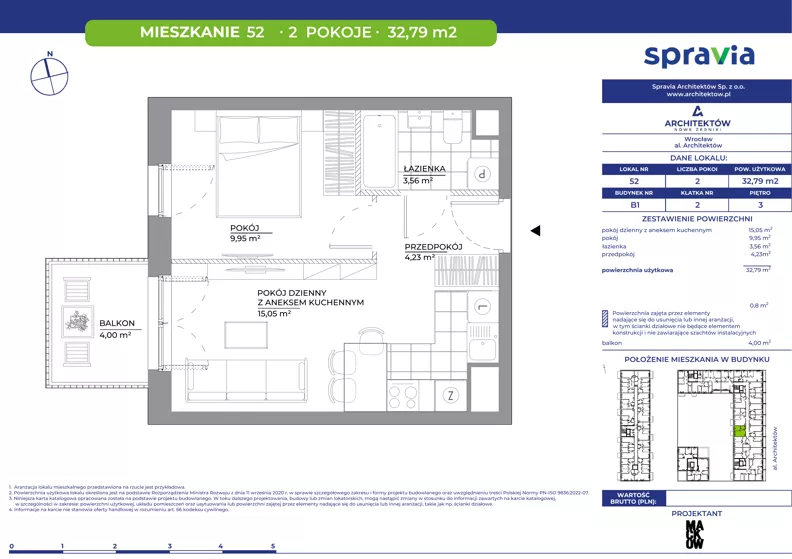 2 pokoje, mieszkanie 32,79 m², piętro 3, oferta nr B1/52, Architektów, Wrocław, Al. Architektów 22-30