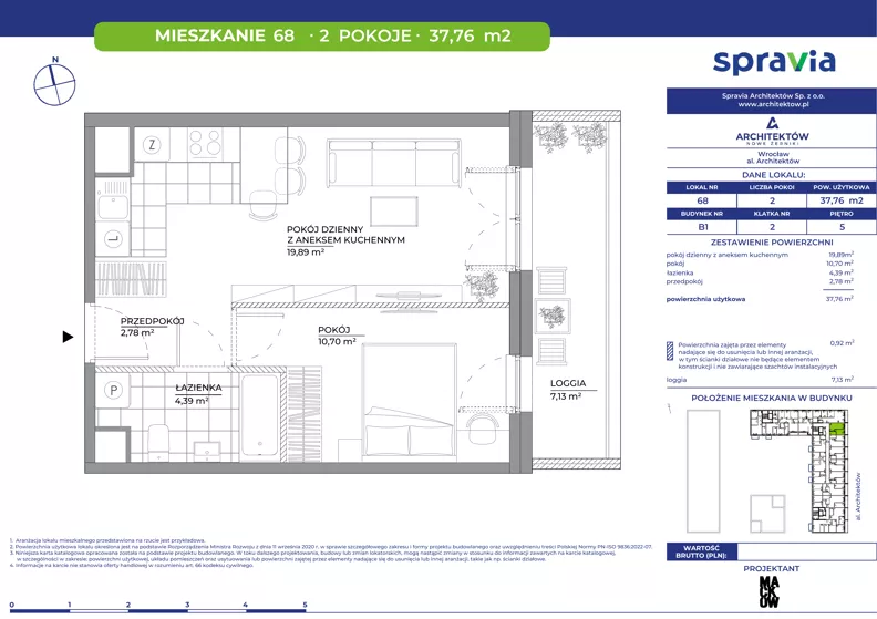 2 pokoje, mieszkanie 37,76 m², piętro 5, oferta nr B1/68, Architektów, Wrocław, Al. Architektów 22-30