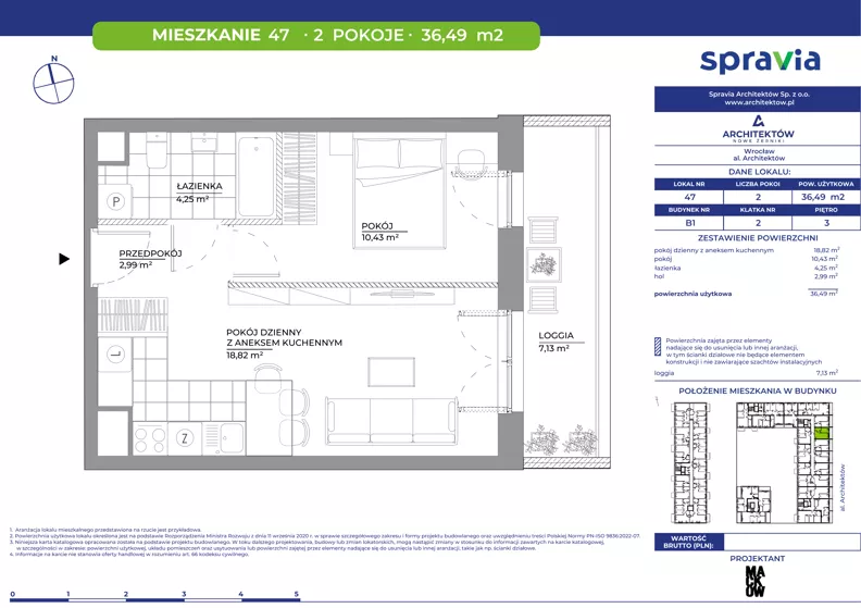 2 pokoje, mieszkanie 36,49 m², piętro 3, oferta nr B1/47, Architektów, Wrocław, Al. Architektów 22-30