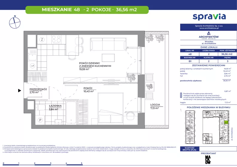 2 pokoje, mieszkanie 36,56 m², piętro 3, oferta nr B1/48, Architektów, Wrocław, Al. Architektów 22-30