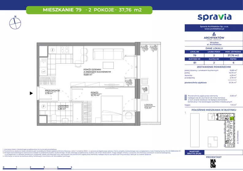 2 pokoje, mieszkanie 37,76 m², piętro 6, oferta nr B1/79, Architektów, Wrocław, Al. Architektów 22-30