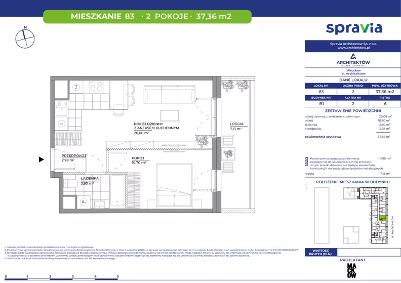2 pokoje, mieszkanie 37,36 m², piętro 6, oferta nr B1/83, Architektów, Wrocław, Al. Architektów 22-30