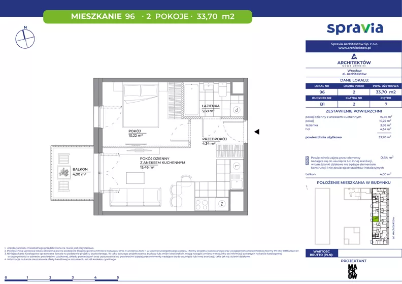 2 pokoje, mieszkanie 33,70 m², piętro 7, oferta nr B1/96, Architektów, Wrocław, Al. Architektów 22-30