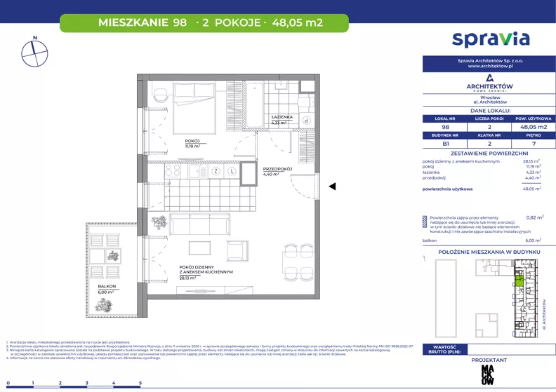 2 pokoje, mieszkanie 48,05 m², piętro 7, oferta nr B1/98, Architektów, Wrocław, Al. Architektów 22-30
