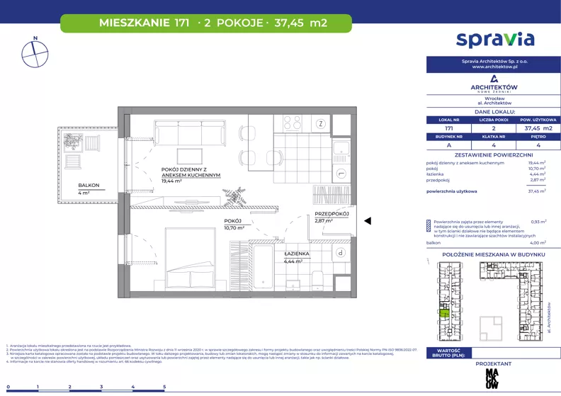 2 pokoje, mieszkanie 37,45 m², piętro 4, oferta nr A/171, Architektów, Wrocław, Al. Architektów 22-30