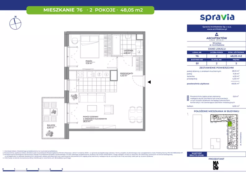 2 pokoje, mieszkanie 48,05 m², piętro 5, oferta nr B1/76, Architektów, Wrocław, Al. Architektów 22-30
