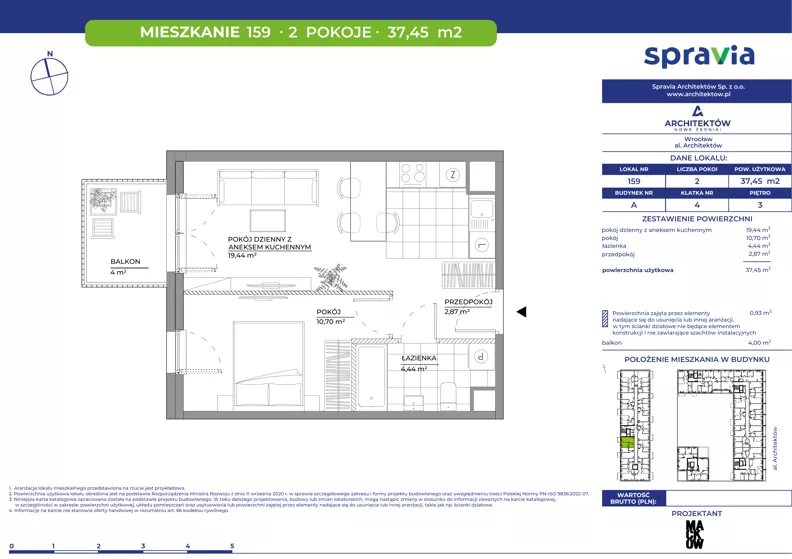 2 pokoje, mieszkanie 37,45 m², piętro 3, oferta nr A/159, Architektów, Wrocław, Al. Architektów 22-30