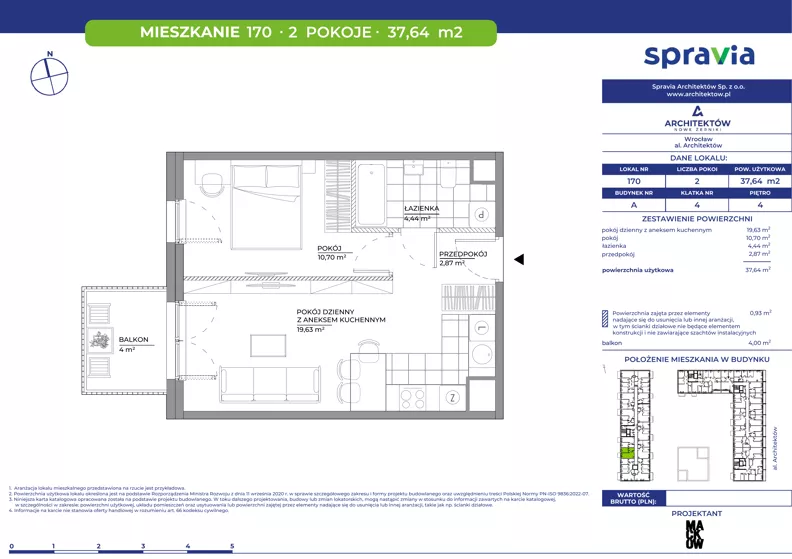 2 pokoje, mieszkanie 37,64 m², piętro 4, oferta nr A/170, Architektów, Wrocław, Al. Architektów 22-30