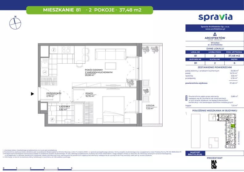 2 pokoje, mieszkanie 37,48 m², piętro 6, oferta nr B1/81, Architektów, Wrocław, Al. Architektów 22-30
