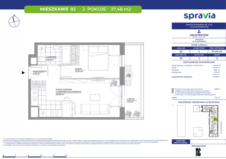 2 pokoje, mieszkanie 37,48 m², piętro 6, oferta nr B1/82, Architektów, Wrocław, Al. Architektów 22-30