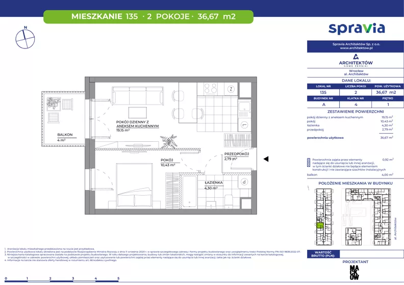 2 pokoje, mieszkanie 36,67 m², piętro 1, oferta nr A/135, Architektów, Wrocław, Al. Architektów 22-30