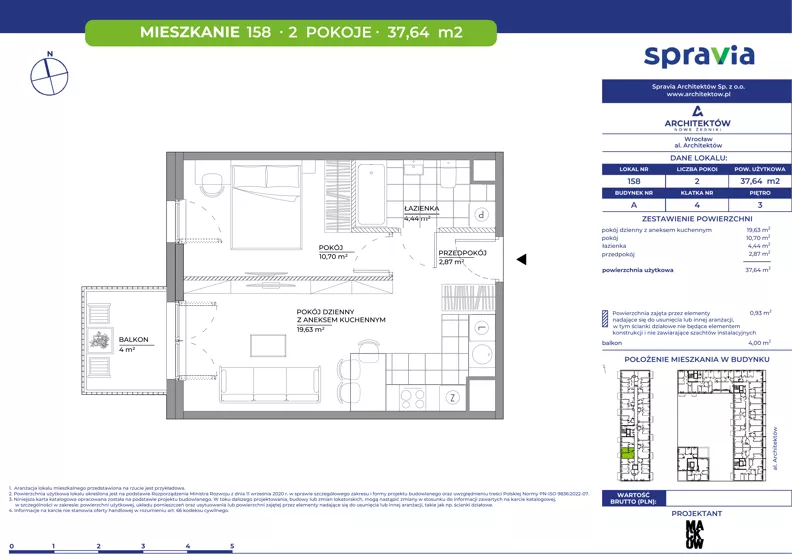 2 pokoje, mieszkanie 37,64 m², piętro 3, oferta nr A/158, Architektów, Wrocław, Al. Architektów 22-30