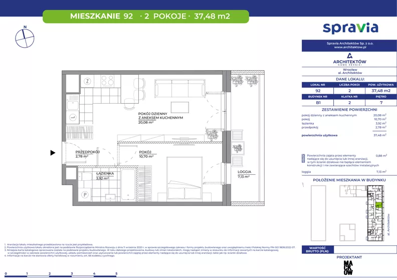2 pokoje, mieszkanie 37,48 m², piętro 7, oferta nr B1/92, Architektów, Wrocław, Al. Architektów 22-30