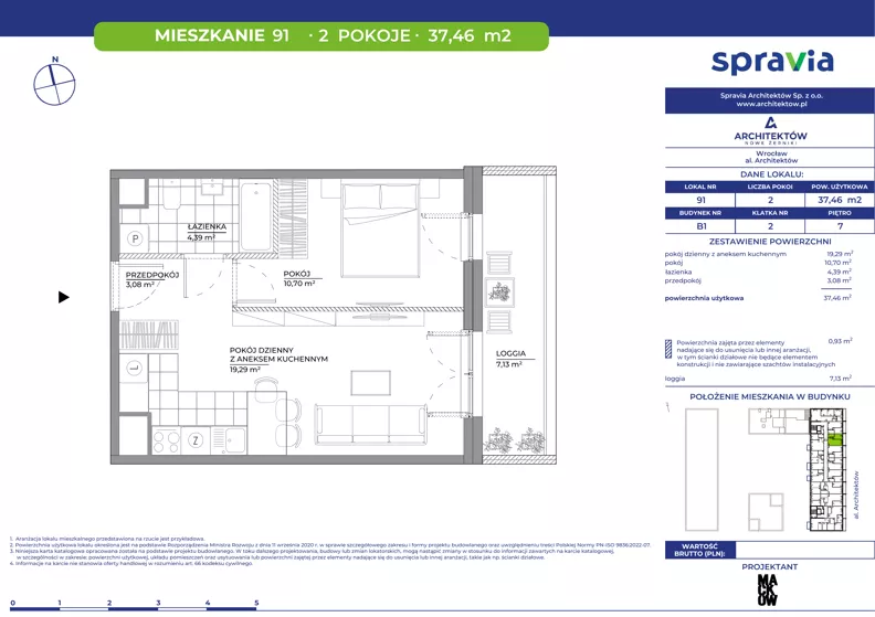 2 pokoje, mieszkanie 37,46 m², piętro 7, oferta nr B1/91, Architektów, Wrocław, Al. Architektów 22-30