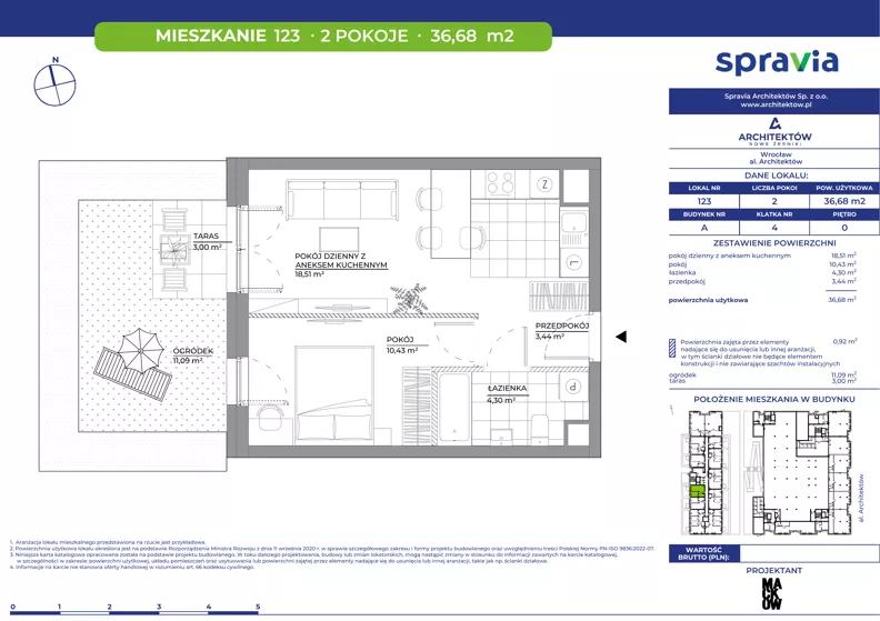 2 pokoje, mieszkanie 36,68 m², parter, oferta nr A/123, Architektów, Wrocław, Al. Architektów 22-30