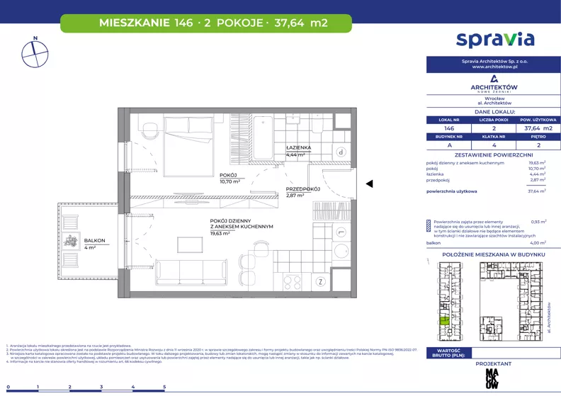 2 pokoje, mieszkanie 37,64 m², piętro 2, oferta nr A/146, Architektów, Wrocław, Al. Architektów 22-30