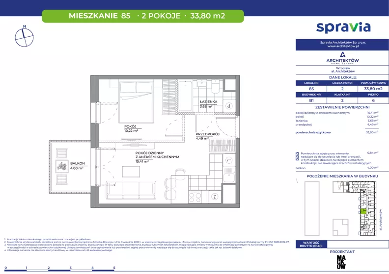 2 pokoje, mieszkanie 33,80 m², piętro 6, oferta nr B1/85, Architektów, Wrocław, Al. Architektów 22-30