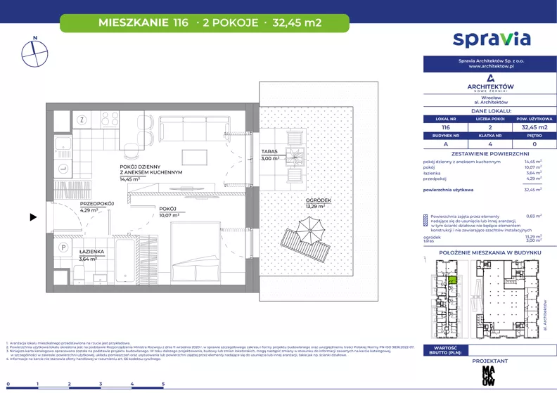 2 pokoje, mieszkanie 32,45 m², parter, oferta nr A/116, Architektów, Wrocław, Al. Architektów 22-30