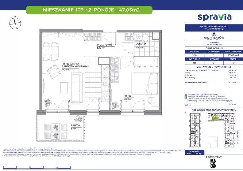 2 pokoje, mieszkanie 47,05 m², piętro 4, oferta nr B1/109, Architektów, Wrocław, Al. Architektów 22-30