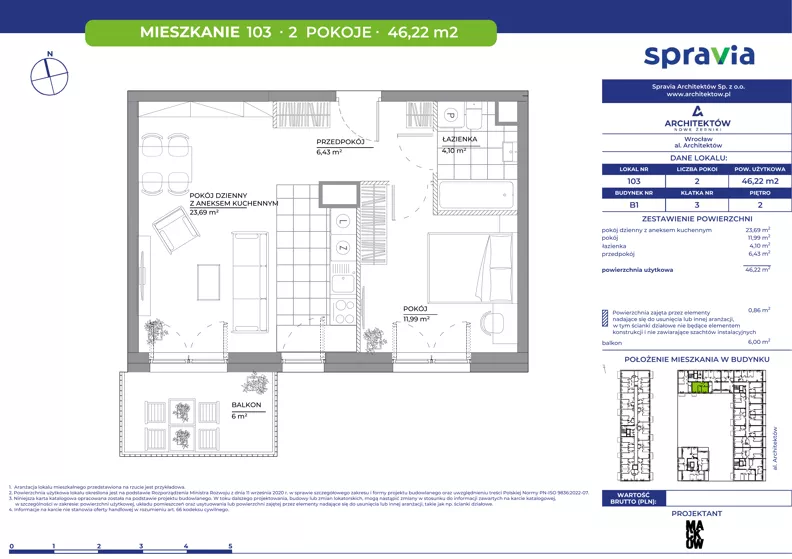 2 pokoje, mieszkanie 46,22 m², piętro 2, oferta nr B1/103, Architektów, Wrocław, Al. Architektów 22-30