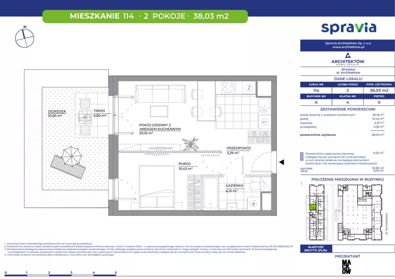 2 pokoje, mieszkanie 38,03 m², parter, oferta nr A/114, Architektów, Wrocław, Al. Architektów 22-30