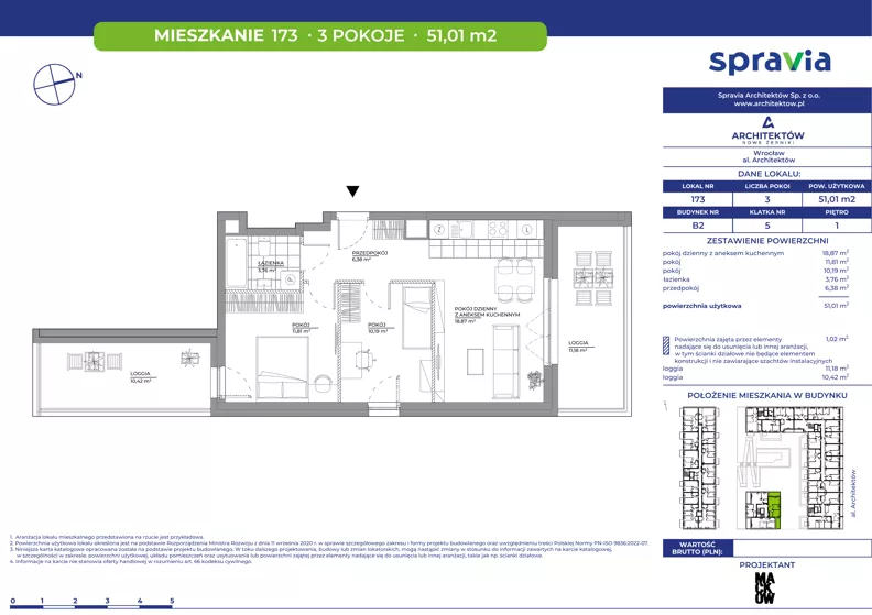 2 pokoje, mieszkanie 51,01 m², piętro 1, oferta nr B2/173, Architektów, Wrocław, Al. Architektów 22-30