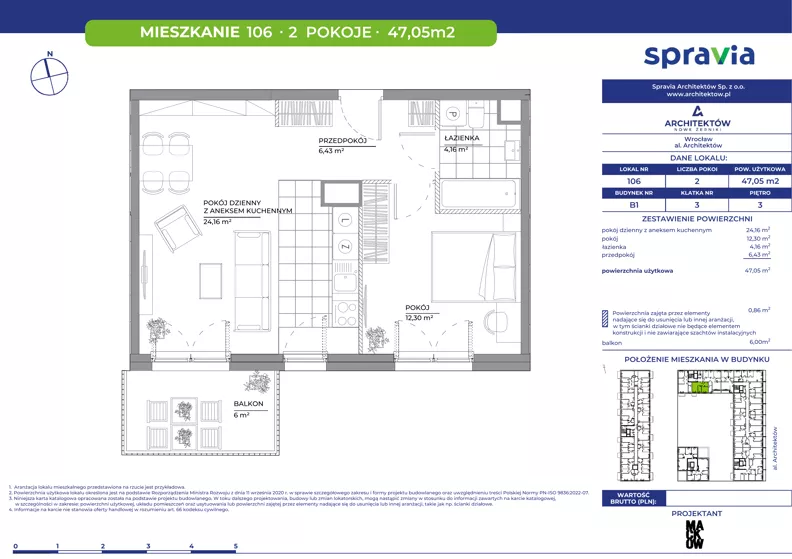 2 pokoje, mieszkanie 47,05 m², piętro 3, oferta nr B1/106, Architektów, Wrocław, Al. Architektów 22-30