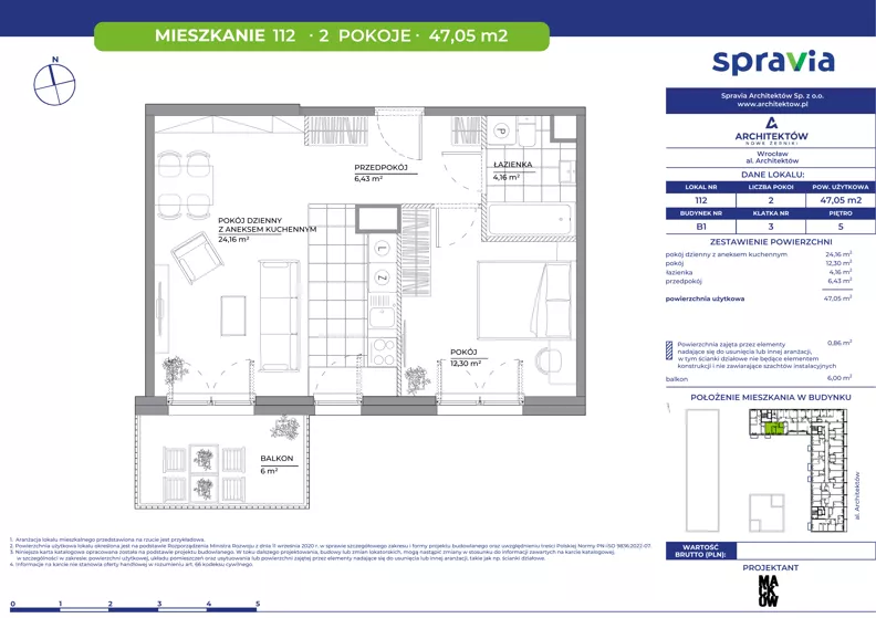 2 pokoje, mieszkanie 47,05 m², piętro 5, oferta nr B1/112, Architektów, Wrocław, Al. Architektów 22-30