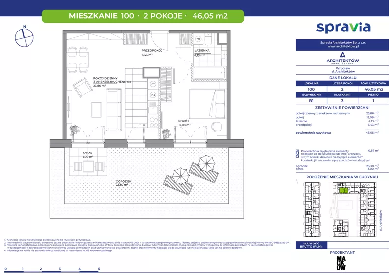 2 pokoje, mieszkanie 46,05 m², piętro 1, oferta nr B1/100, Architektów, Wrocław, Al. Architektów 22-30