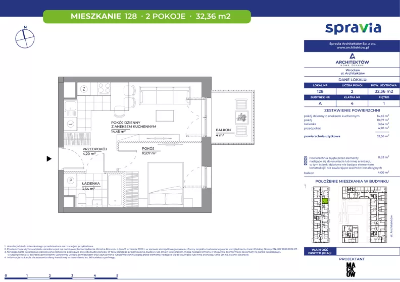 2 pokoje, mieszkanie 32,36 m², piętro 1, oferta nr A/128, Architektów, Wrocław, Al. Architektów 22-30