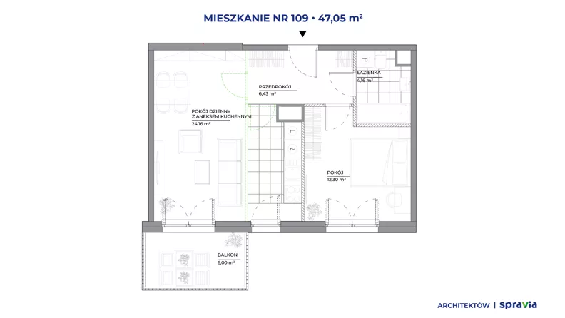 2 pokoje, mieszkanie 47,05 m², piętro 4, oferta nr B1/109, Architektów, Wrocław, Żerniki, Al. Architektów 22-30
