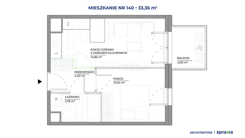 2 pokoje, mieszkanie 33,36 m², piętro 2, oferta nr A/140, Architektów, Wrocław, Żerniki, Al. Architektów 22-30
