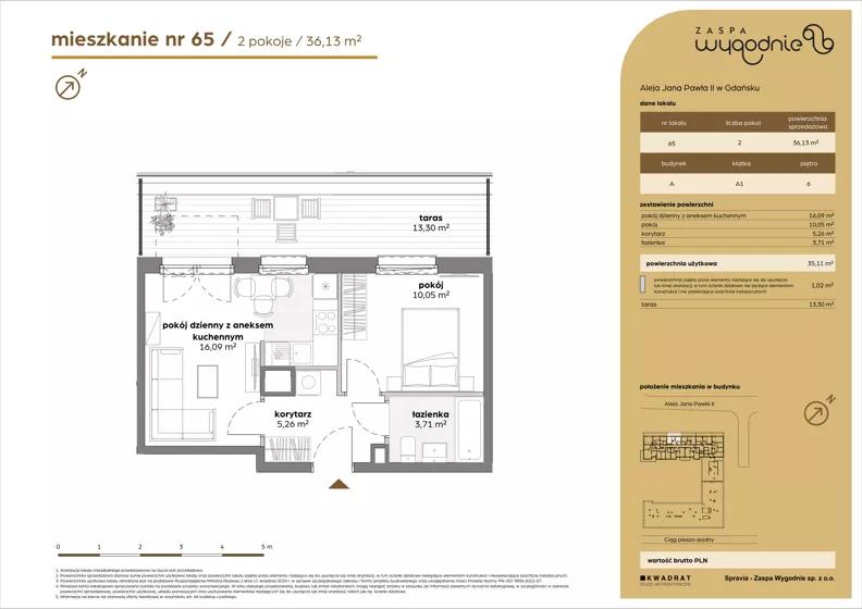 2 pokoje, mieszkanie 35,11 m², piętro 6, oferta nr A/65, Zaspa Wygodnie, Gdańsk, Zaspa, Zaspa-Młyniec, Al. Jana Pawła II