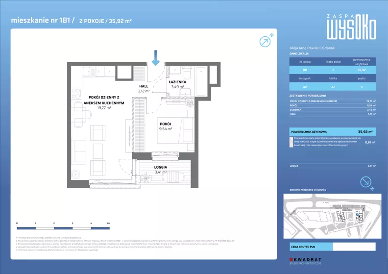 2 pokoje, mieszkanie 35,92 m², piętro 5, oferta nr A2/181, Zaspa Wysoko, Gdańsk, Zaspa, Zaspa-Młyniec, aleja Jana Pawła II