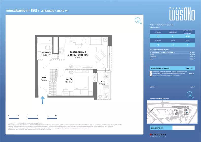 2 pokoje, mieszkanie 38,45 m², piętro 6, oferta nr A2/193, Zaspa Wysoko, Gdańsk, Zaspa, Zaspa-Młyniec, aleja Jana Pawła II