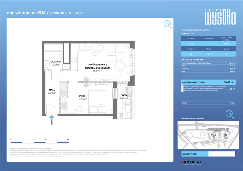 2 pokoje, mieszkanie 38,69 m², piętro 7, oferta nr A2/202, Zaspa Wysoko, Gdańsk, Zaspa, Zaspa-Młyniec, aleja Jana Pawła II