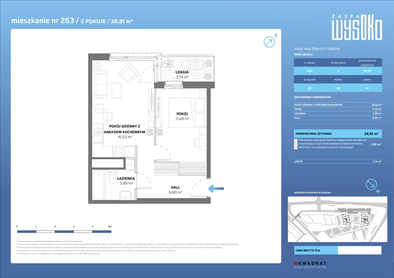 2 pokoje, mieszkanie 38,81 m², piętro 14, oferta nr A2/263, Zaspa Wysoko, Gdańsk, Zaspa, Zaspa-Młyniec, aleja Jana Pawła II