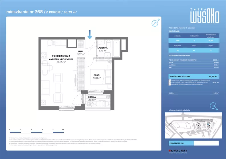2 pokoje, mieszkanie 36,79 m², piętro 15, oferta nr A2/268, Zaspa Wysoko, Gdańsk, Zaspa, Zaspa-Młyniec, aleja Jana Pawła II